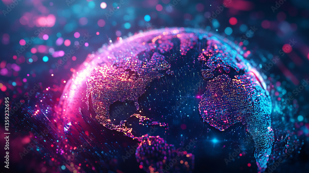 Poster high technology, nanostructures and digital universe. 3d illustration of cyberspace and global datab
