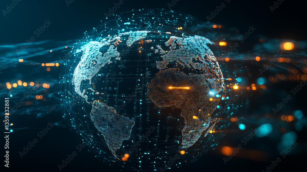 Poster high technology, nanostructures and digital universe. 3d illustration of cyberspace and global datab