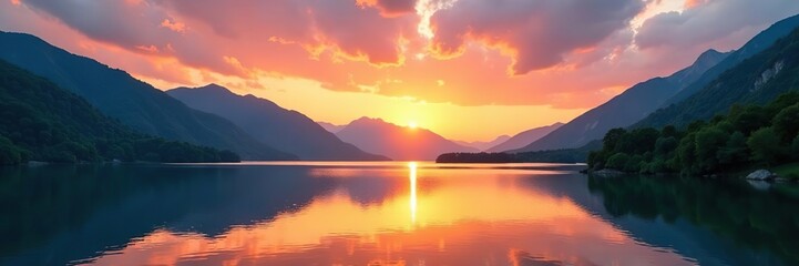Fototapeta premium Beautiful sunset over a serene lake surrounded by lush green mountains, sunset, nature