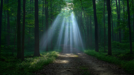 Obraz premium A forest path bathed in sunlight The path is surrounded by trees and foliage The light creates a magical effect in the