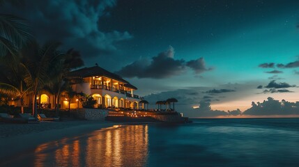 Fototapeta premium Elegant beachfront resort, warm golden lights reflecting on turquoise waters, palm-lined pathways under a starry Caribbean sky 