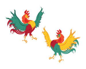 Cock. A bright colored rooster. A cartoon-style rooster. The vector illustration is isolated on a white background