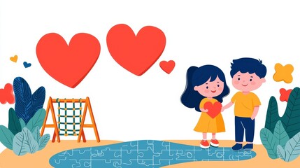 Obraz premium Autism Awareness Day World Autism Day Creative concept. Inclusive Playground Fun: Doodle Illustration of Children on the Spectrum Playing on Puzzle Floor with Copy Space for Text