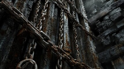 Fototapeta premium Aged metal chains and rust-covered gears intertwined in an old rail production facility