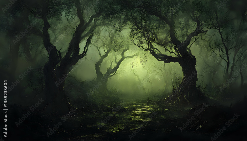 Poster enchanted forest at twilight with misty atmosphere, ancient trees, and mysterious light filtering th