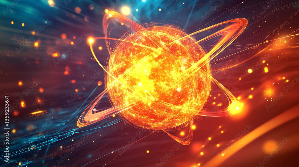 Poster high tech. study of structure of atom. nuclear physics and internet technologies. 3d illustration of
