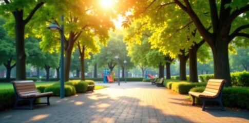 Blurred background of urban public park in the morning with trees, benches, and playground equipment,  city,  park