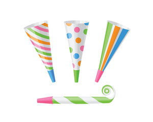 Pipe horn for parties. Colorful horns and pipes for parties. A festive accessory. Party supplies. Vector illustration