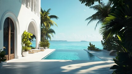 Fototapeta premium Elegant coastal mansion, pristine white facade, pool overlooking turquoise waters, framed by tropical greenery 