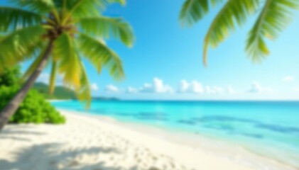 Blurred beach background with palm trees, blue sky, summer vacation banner concept,  sand,  sunny