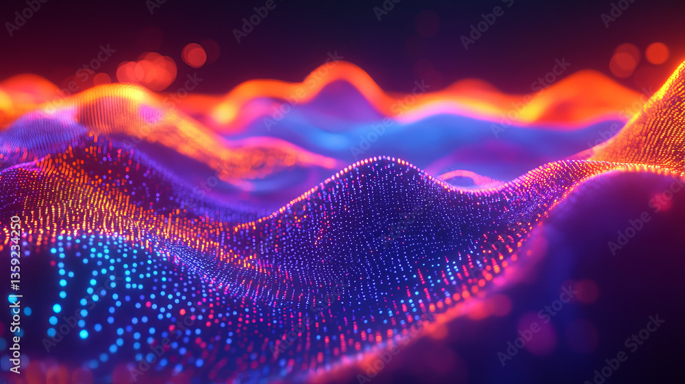 Poster visualized data stream. abstract neon field, fractal elements of digital data and binary code. full-