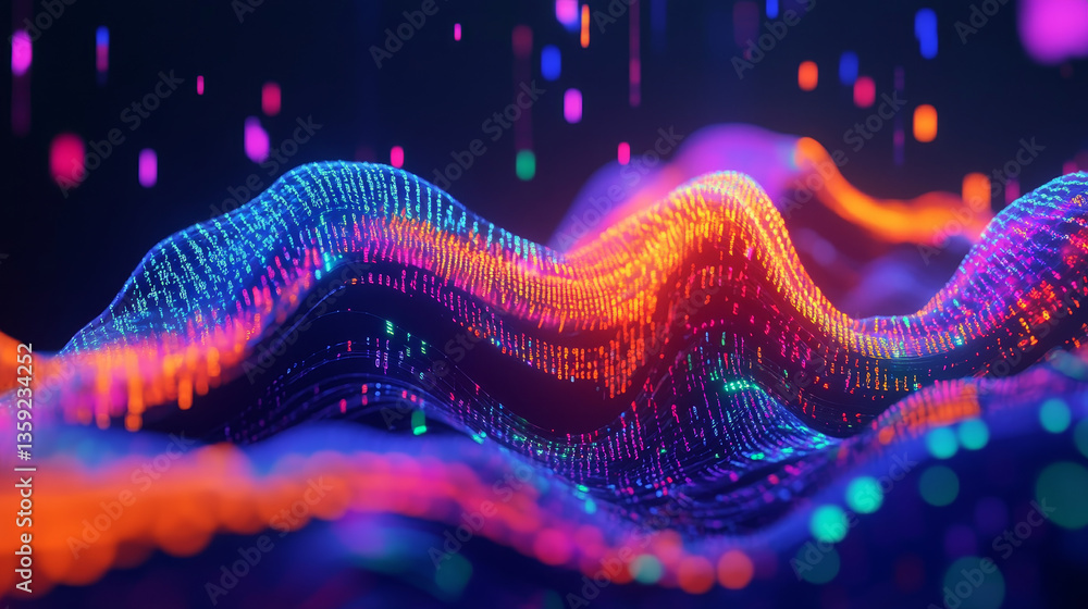 Poster visualized data stream. abstract neon field, fractal elements of digital data and binary code. full-