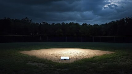 An empty baseball diamond at dusk, the bases and pitchers mound illuminated by the last rays of sunlight