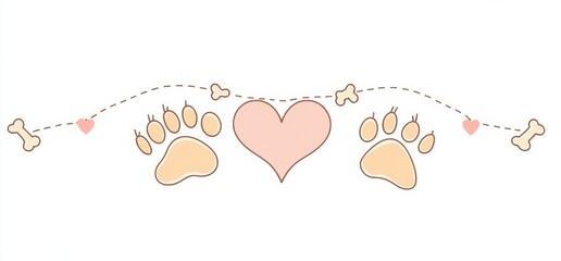 Simple illustration of dog paws with heart and playful doodle accents