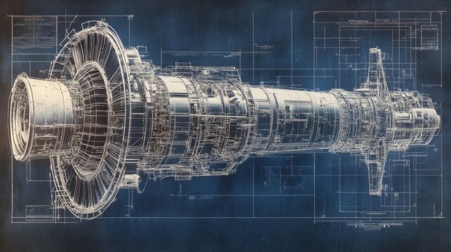 An exploded-view blueprint of a space engine, with each component precisely outlined in antique white lines