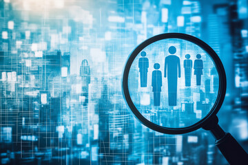 Selecting talented people. Recruitment and employment image. Magnifier and people icons on cityscape background