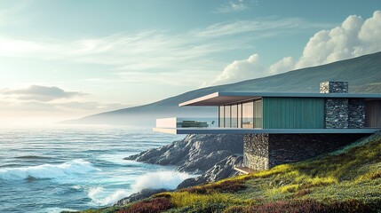 Fototapeta premium Elegant modern seaside home, sleek design with green panels and coastal stone, ocean waves thundering against cliffs
