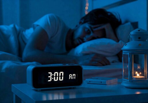 Man lying awake in bed suffering from insomnia, looking at a digital clock showing 3:00 AM. Concept of sleep disorder, anxiety, or stress causing sleepless nights and restless thoughts.