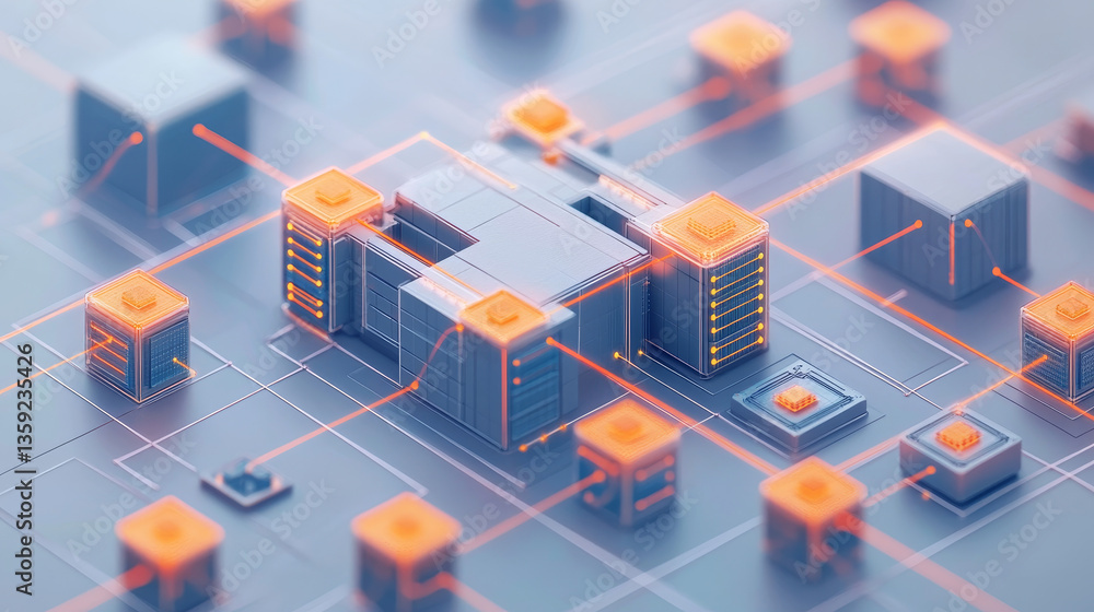 Poster big data, blockchain, hi tech. information flow, decentralized global database structure. 3d illustr