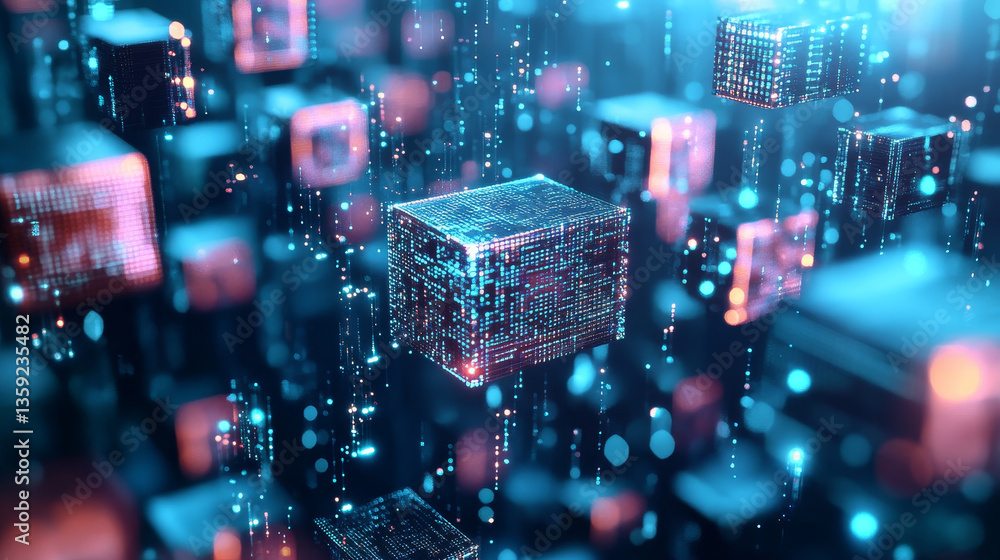 Poster big data, blockchain, hi tech. information flow, decentralized global database structure. 3d illustr