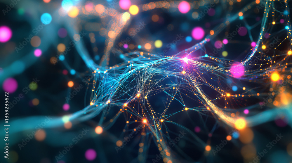 Poster abstract neural network 3d illustration. big data concept. global database and artificial intelligen