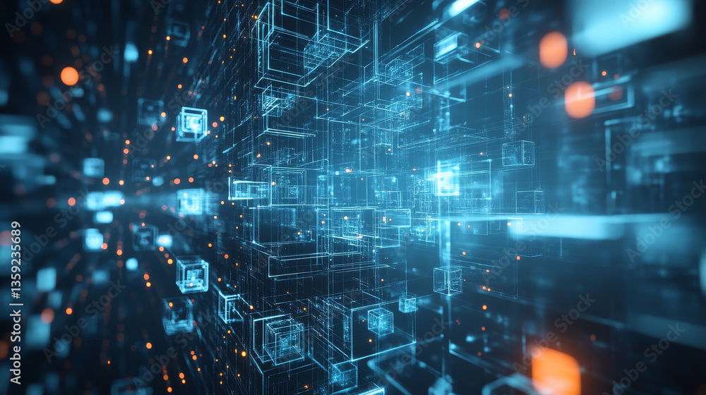 Poster big data, blockchain, hi tech. information flow, decentralized global database structure. 3d illustr