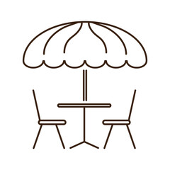 Table with two chairs and umbrella line icon on transparent background. Cafeteria, café line icon editable stroke. Restaurant icon. Date place for coffee linear icon.
