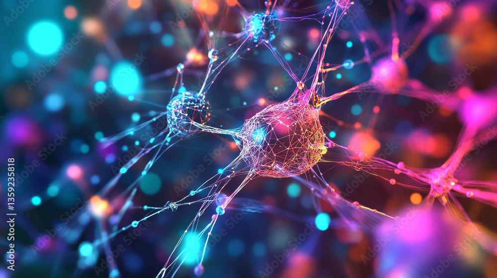 Poster abstract neural network 3d illustration. big data concept. global database and artificial intelligen