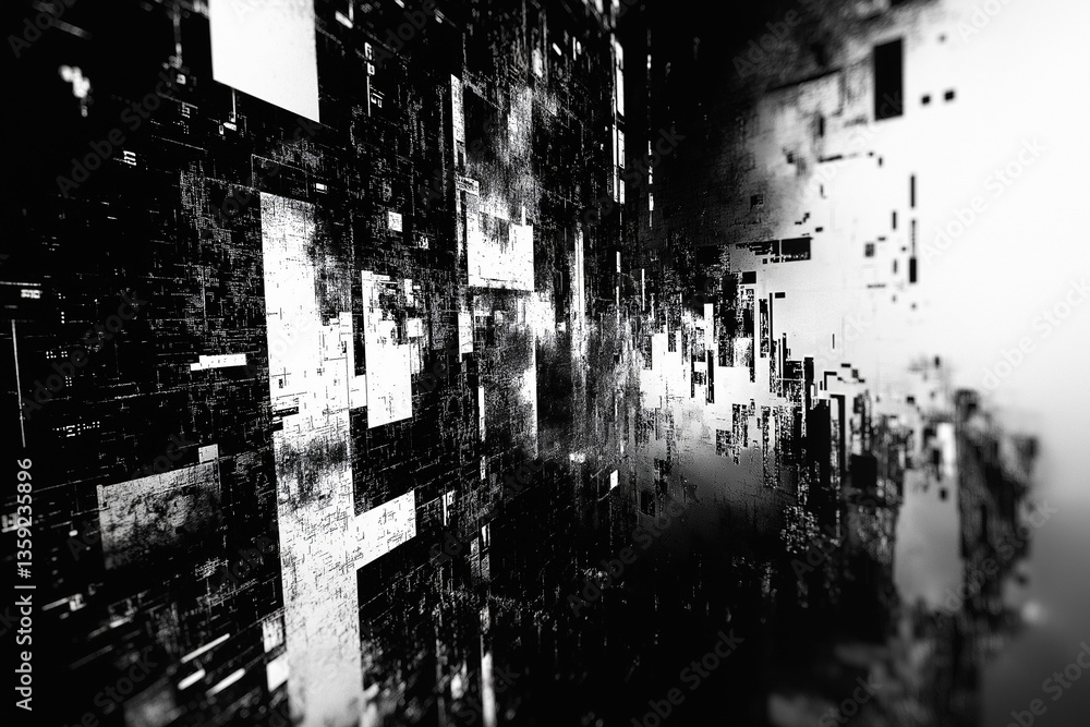 Poster abstract futuristic cyberpunk displacement map for 3d rendering. random distorted black white broken