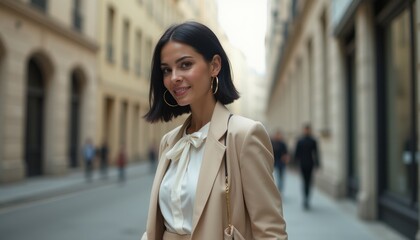 A confident woman with a sleek bob hairstyle stands elegantly in a sunlit urban street, exuding sophistication in her tailored beige suit. Her radiant smile and statement earrings add a touch of