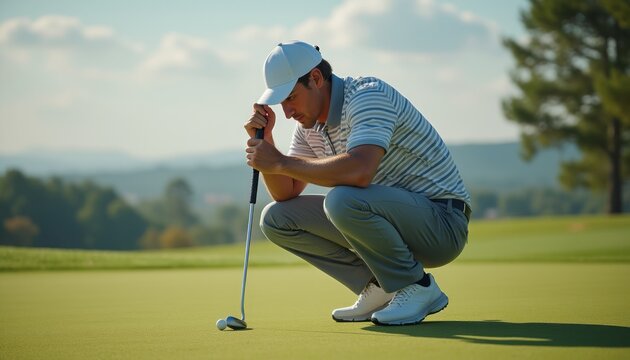 A dedicated golfer crouches intently on the lush green putting surface, carefully analyzing the line of his putt under a bright blue sky. The serene landscape, dotted with trees and distant hills