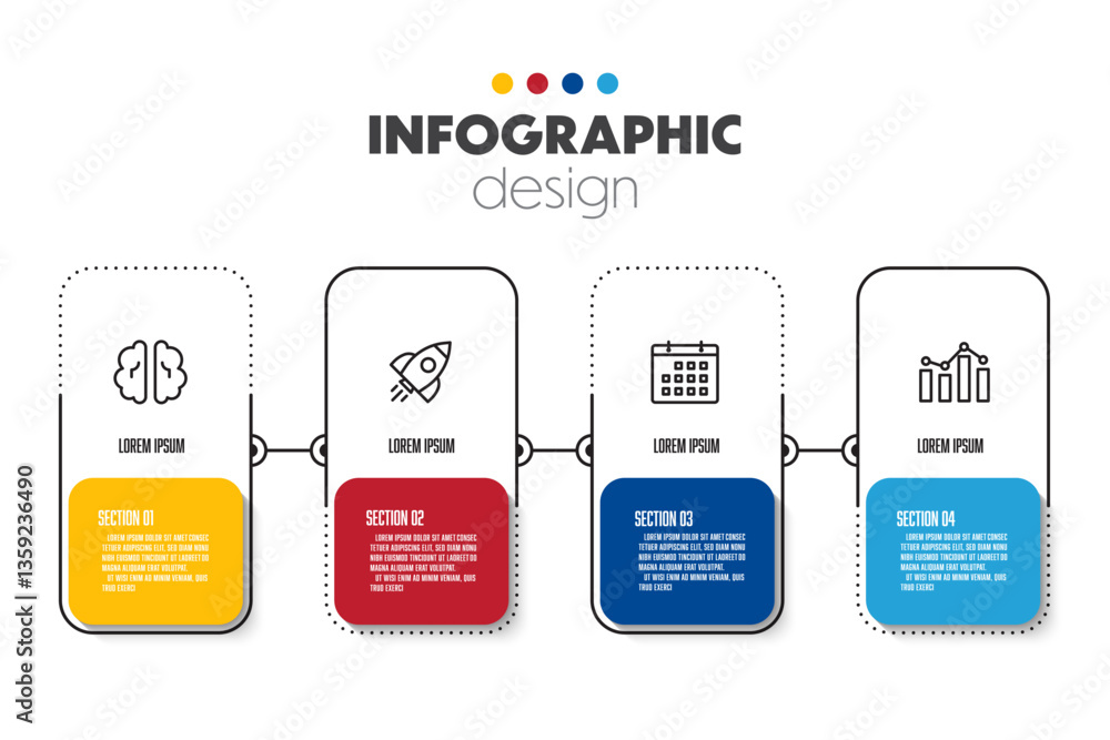 Aufkleber timeline presentation infographic template with concept business icon 4 option square shape.