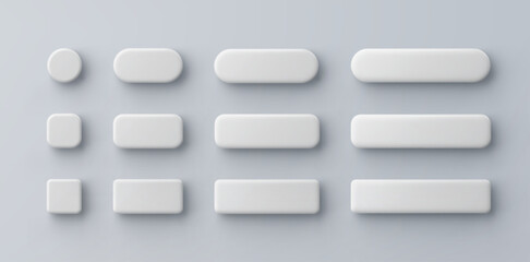 3d vector white plastic rounded rectangle button on gray background. Realistic minimal icon with shadow.