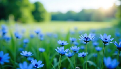 Blue flower field with a few flowers in the foreground,  outdoors,  beauty