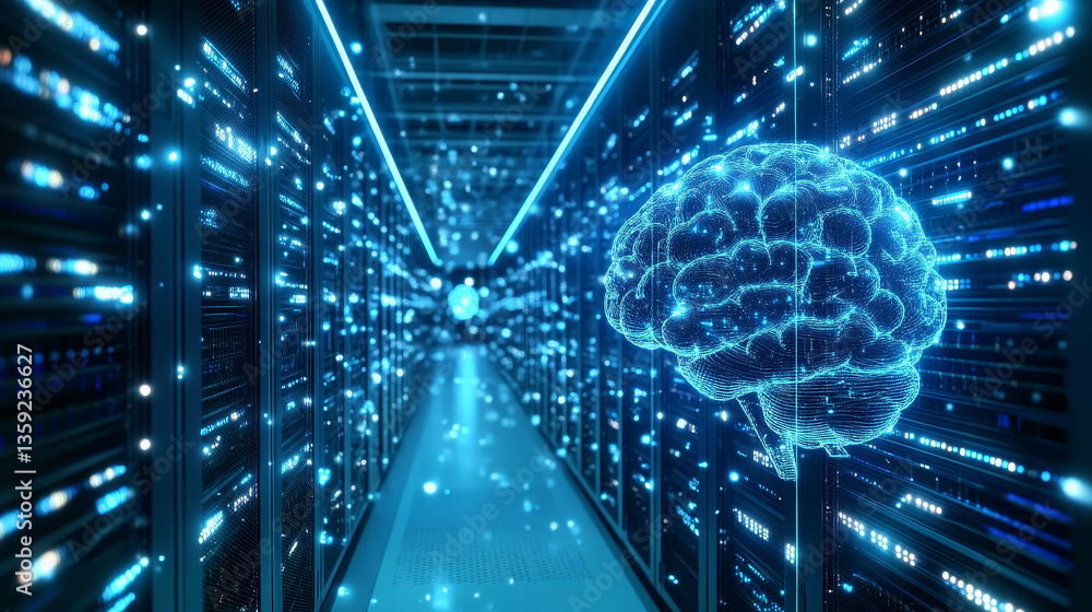 Poster artificial intelligence. computer mind. futuristic data center. quantum processor abstract concept 3
