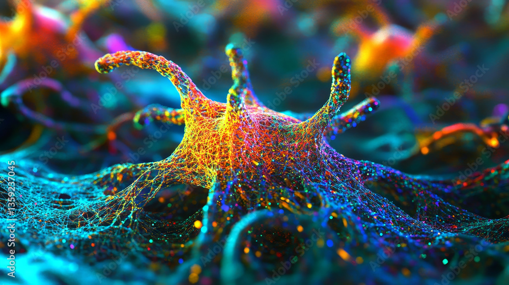 Poster neural network 3d illustration. abstract big data concept. global database and artificial intelligen