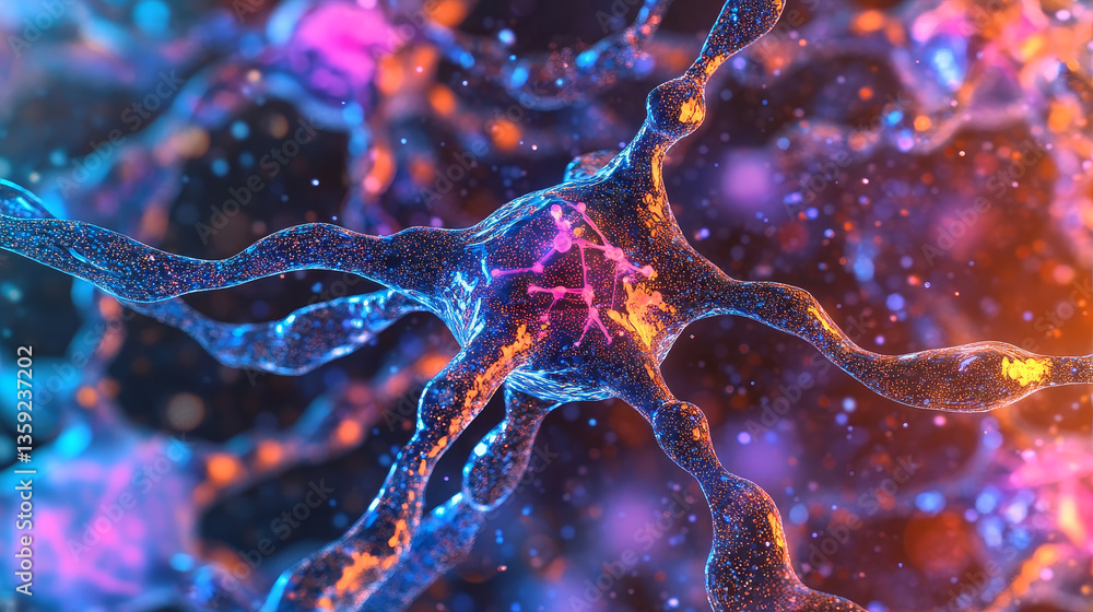 Poster neural network 3d illustration. abstract big data concept. global database and artificial intelligen
