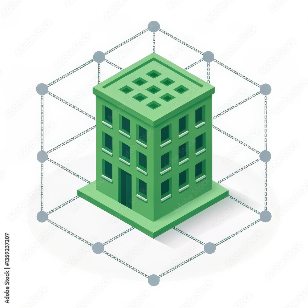 Poster 3D minimalistic icon of green building is surrounded by network of connected nodes, symbolizing connectivity and modern architecture