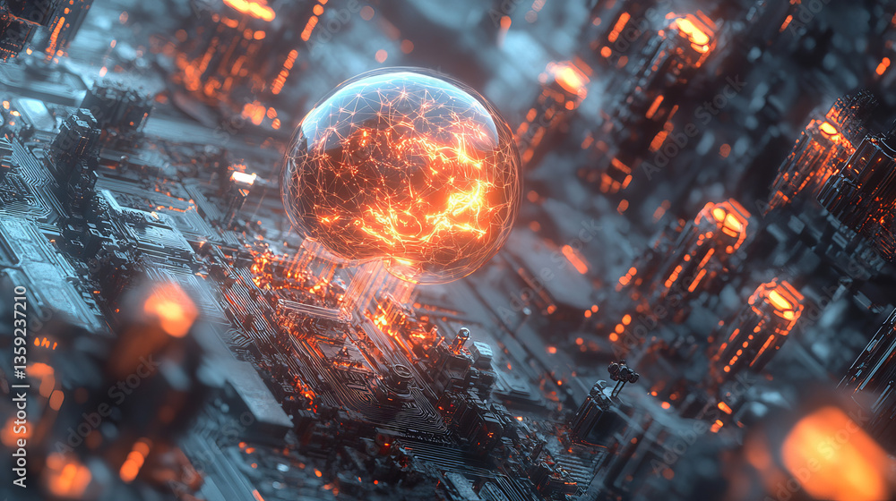 Poster artificial intelligence. computer mind. futuristic data center. quantum processor abstract concept 3