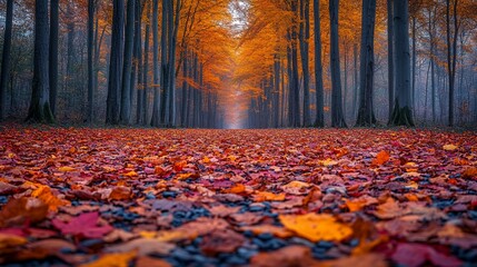 Autumnal Pathway: Vibrant Fallen Leaves and Golden Canopy