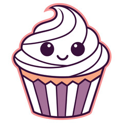 Sweet Cartoon Cupcake with Smiling Face, White Frosting, & Purple Stripped Wrapper