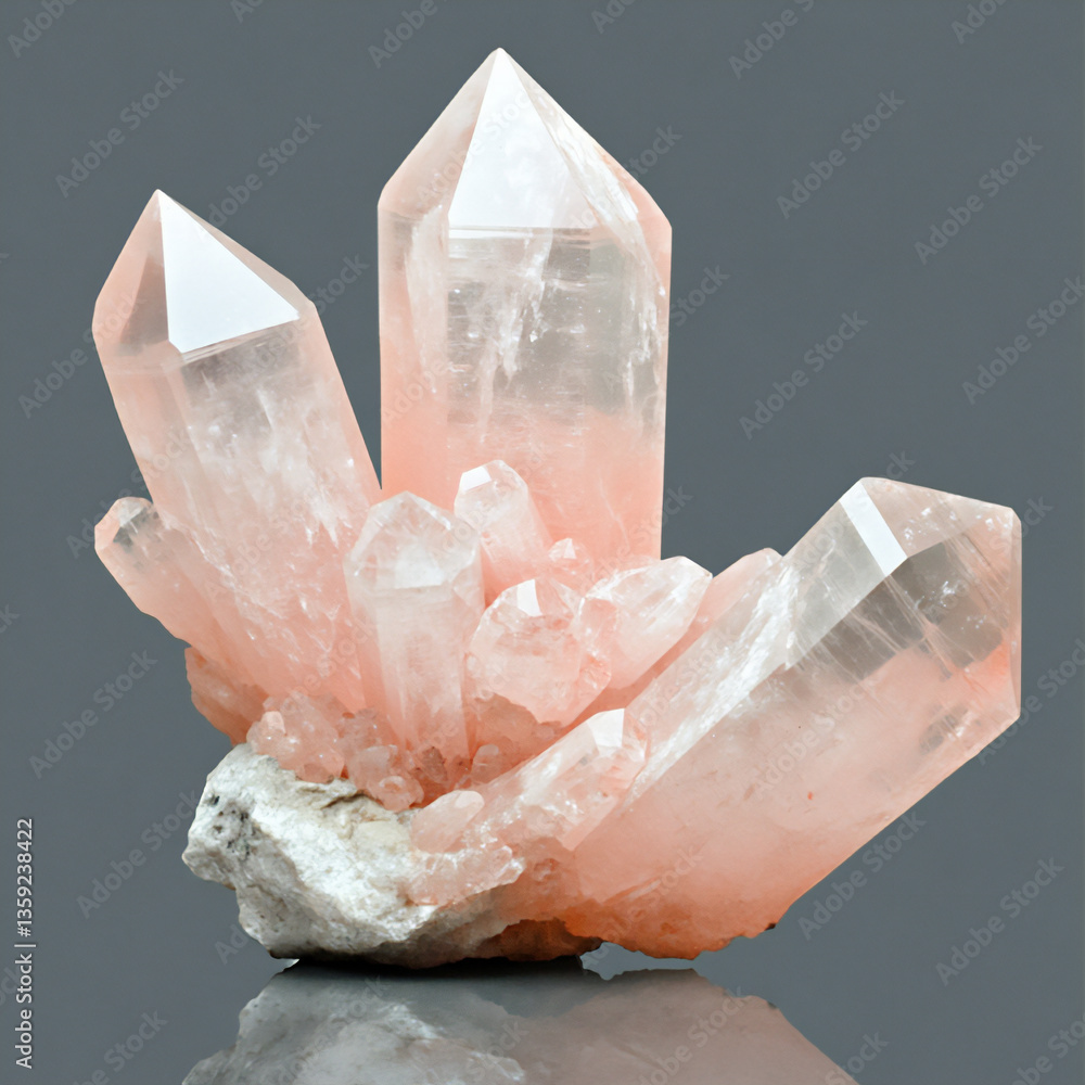 Poster a beautiful and unique crystal cluster with light pink quartz, set against an isolated gray backgrou