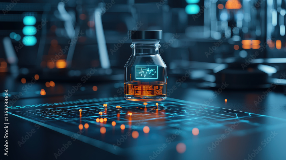 Fototapete futuristic laboratory scene features vial with digital display, surrounded by holographic data and glowing elements, suggesting advanced biotechnology and sustainable energy integration