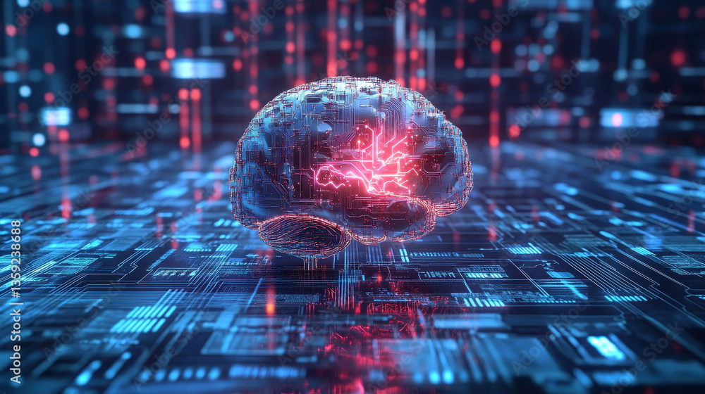 Poster artificial intelligence. computer mind. quantum processor abstract concept 3d illustration. digital 