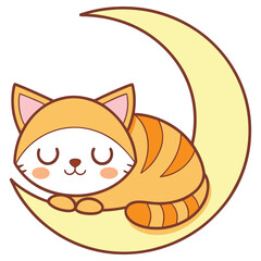 Cartoon Striped Cat Sleeping Peacefully on Crescent Moon, Cute Illustration, Outline