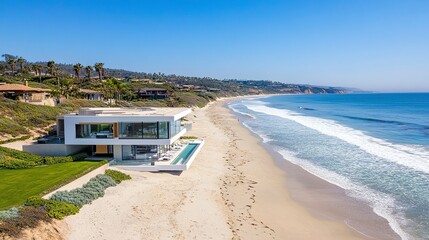 Obraz premium Elegant white villa nestled by the beach, floor-to-ceiling glass windows offering endless ocean views, gentle waves and golden sand creating a serene coastal setting. 