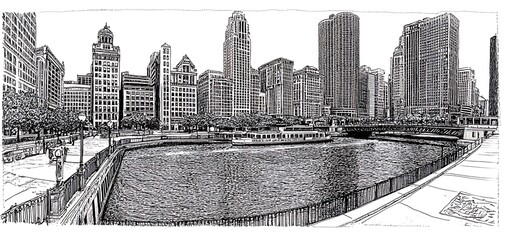 Cityscape Artwork Featuring Riverfront and Architectural Marvels in Black and White