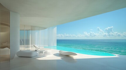 Elite beachfront property with clean, modern architecture, endless ocean views from every room, turquoise waves meeting the horizon, perfect for luxury investment.  