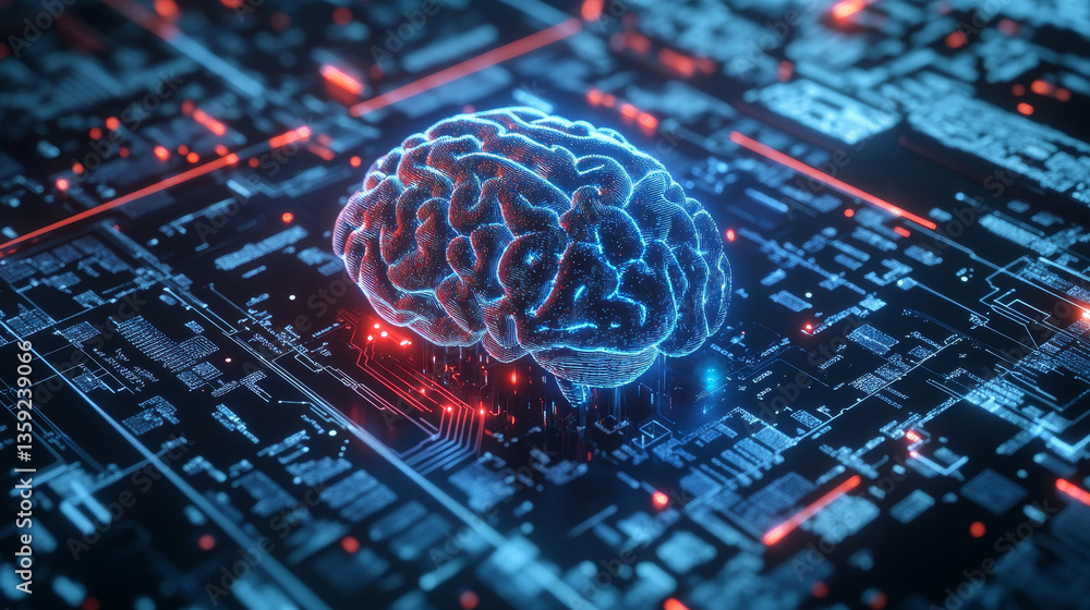 Poster artificial intelligence. computer mind. quantum processor abstract concept 3d illustration. digital 