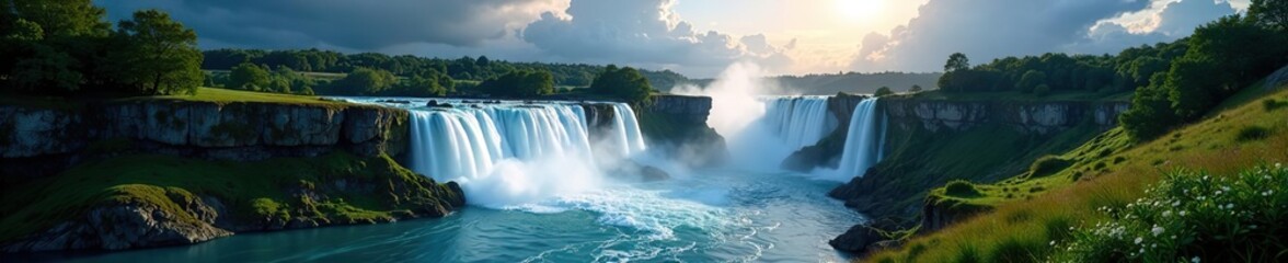 Enchanted Falls with majestic lower falls, serene valley, vibrant landscapes, dramatic clouds, enchanting scenery,  landscapes,  dramatic clouds